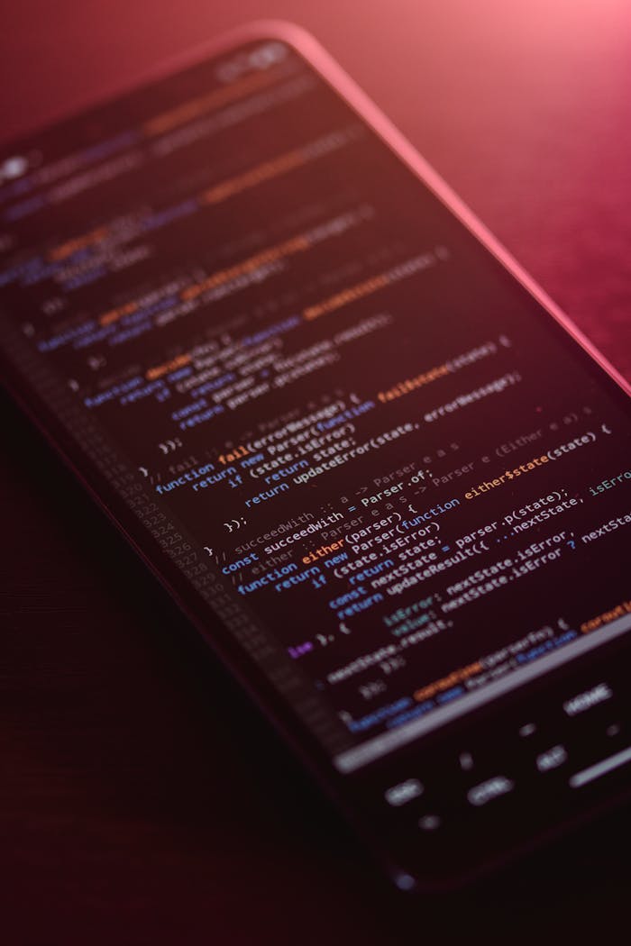 who-we-are Colorful code displayed on a smartphone screen with a warm glow.